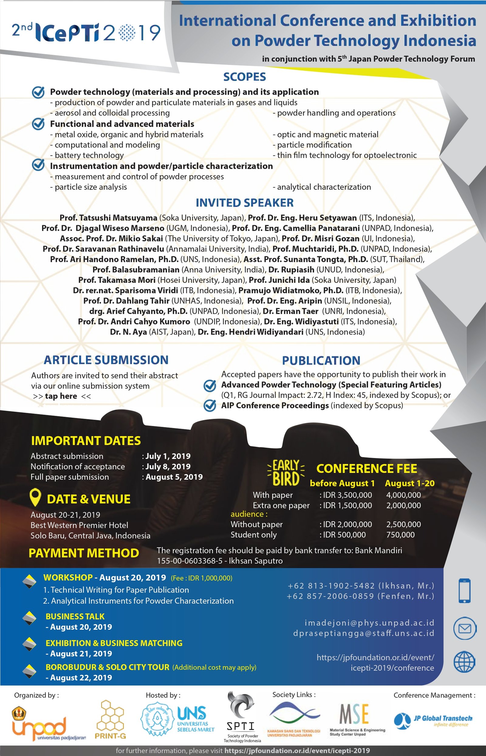2nd ICePTi 2019 - International Conference on Powder Technology Indonesia second annual event poster with keynote speakers and research topics